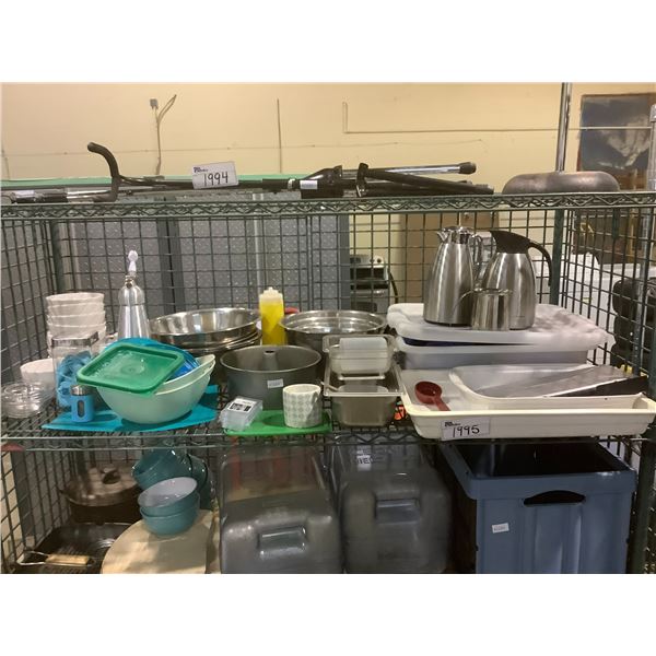 SHELF LOT OF ASSORTED MIXING BOWLS, CONDIMENT TRAYS, BOWLS, AND MORE