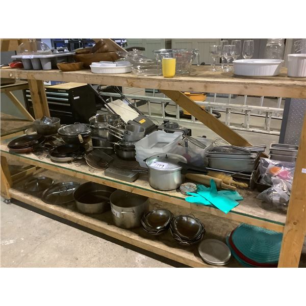 SHELF LOT OF COOKWARE, SKIMMERS, SIFTERS, WHISK'S, AND MORE
