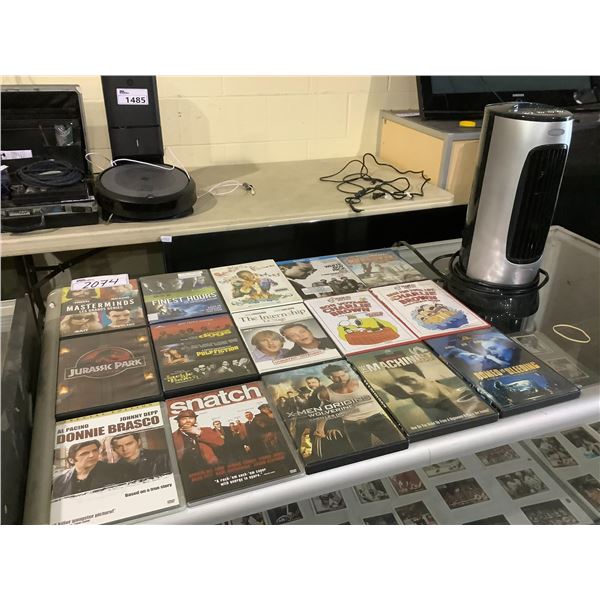 LOT OF ASSORTED DVD'S, BLUE RAY MOVIES, AND SMALL TABLE TOP TOWER FAN