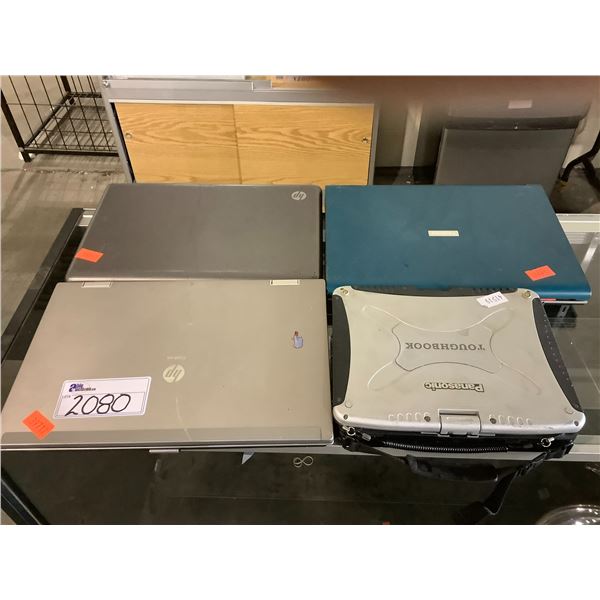 4 ASSORTED LAPTOPS, NO HARD DRIVES, NO CORDS, WORKING CONDITION UNKNOWN (PARTS OR REPAIR)