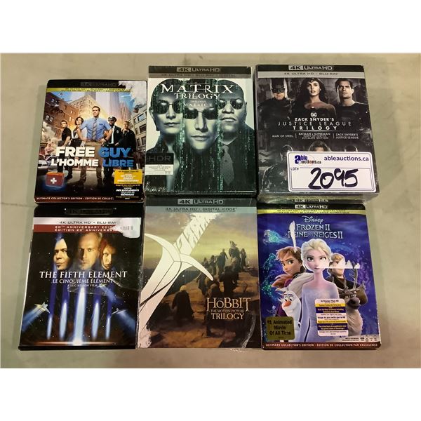 6 ASSORTED 4K DVDS: THE HOBBIT, FROZEN 2, FREE GUY, MATRIX TRILOGY, JUSTICE LEAGUE TRILOGY, THE