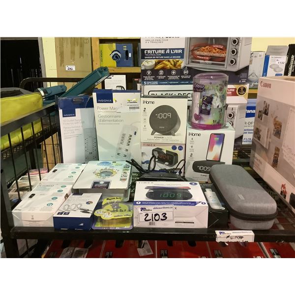 *VARIOUS ITEMS* SURGE PROTECTORS, SPEAKERS, ALARM CLOCKS, INFRARED THERMOMETERS, & MORE