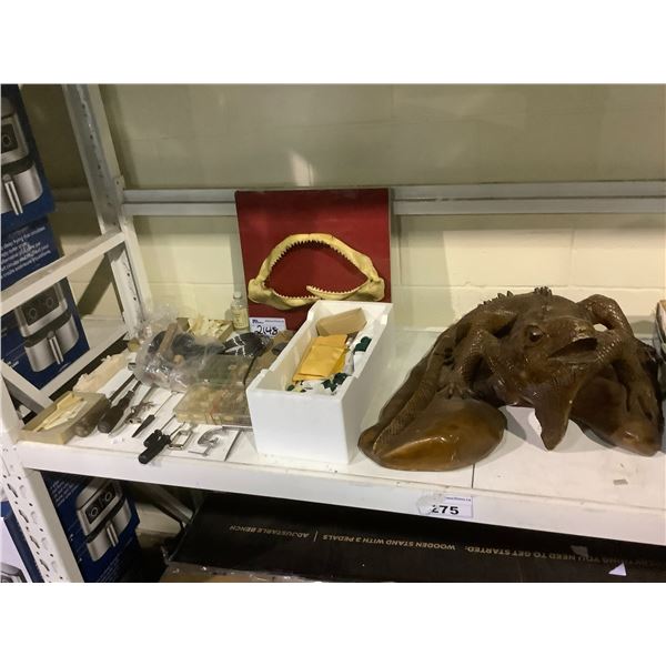 WOOD CARVED IGUANA9PHYSICAL DAMAGE), SHARK JAW ON PLAQUE & ASSORTED TOOLS