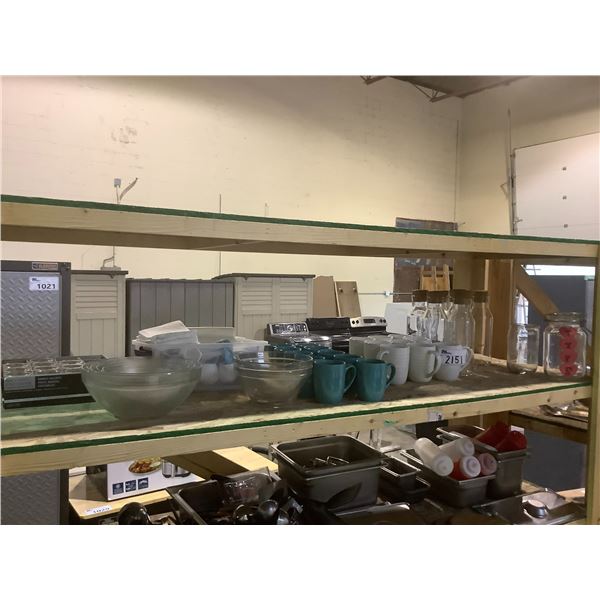 SHELF LOT OF CUPS, GLASS BOWLS, GLASS CONTAINERS, AND MORE