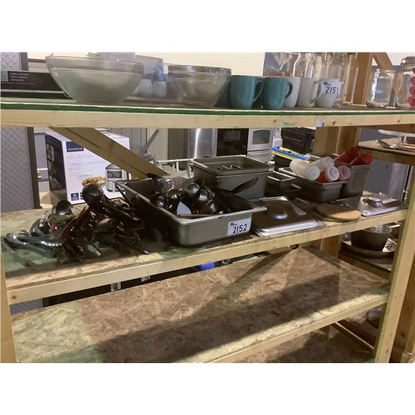 SHELF LOT OF ASSORTED STAINLESS FOOD WARMER SERVERS, TONGS, LADLES, AND MORE