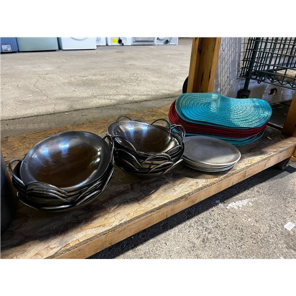 SHELF LOT OF ALUMINUM POTS, LIDS, DISHES, AND MORE