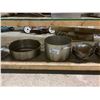Image 3 : SHELF LOT OF ALUMINUM POTS, LIDS, DISHES, AND MORE