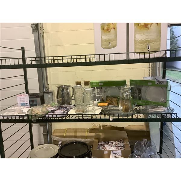 SHELF LOT OF DISPOSABLE DISHWARE, JUGS, DISHES MINI SPOONS