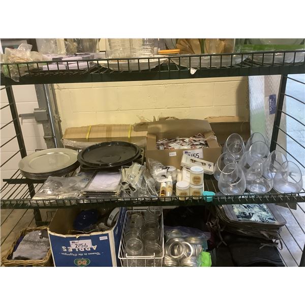 SHELF LOT OF CONDIMENTS, PLASTIC CUTLERY, GLASSWARE, CANDLES, AND MORE