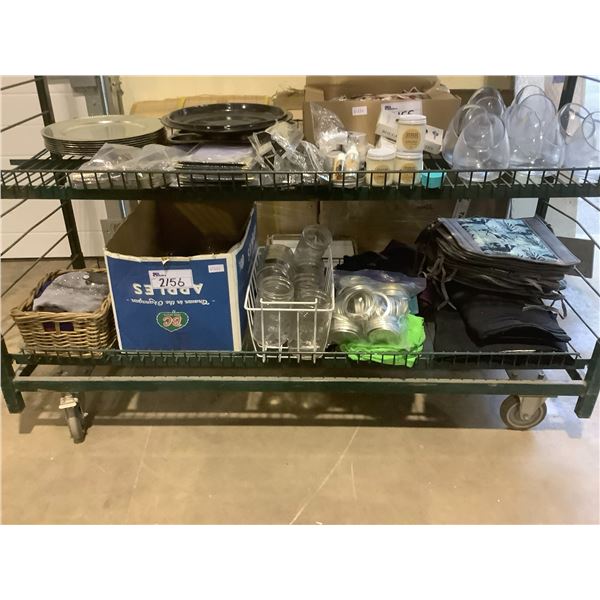 SHELF LOT OF GLASSWARE, PADS, RAGS, MASON JARS, AND MORE