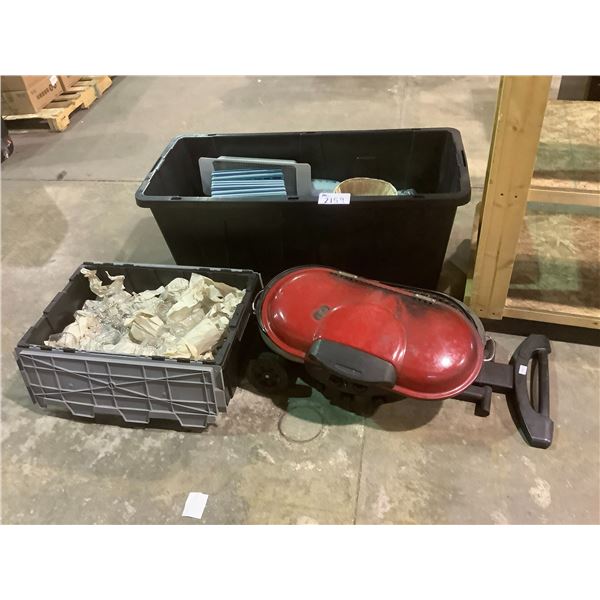 2 TOTES, OF GLASSWARE, ICE CUBE TRAYS, PORTABLE BBQ, AND GRILL COMBO