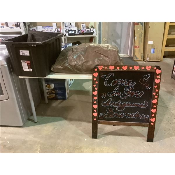 LARGE BROWN TARP, SIGN, AND TOTE OF OFFICE SUPPLIES