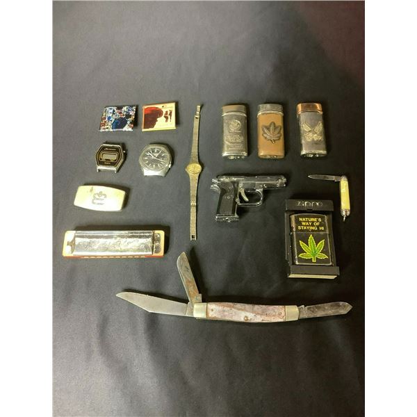 BAG OF LIGHTERS, WATCHES, HARMONICA, AND MORE
