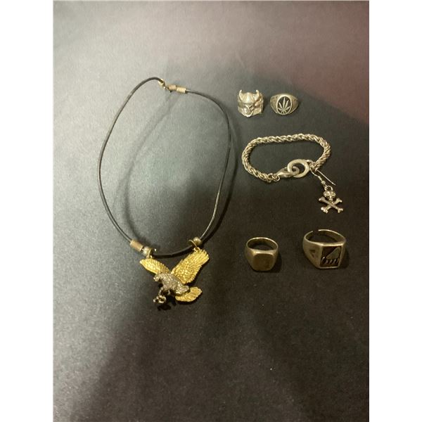 BAG OF ASSORTED RINGS, AND EAGLE NECKLACE PENDANT, AND MORE