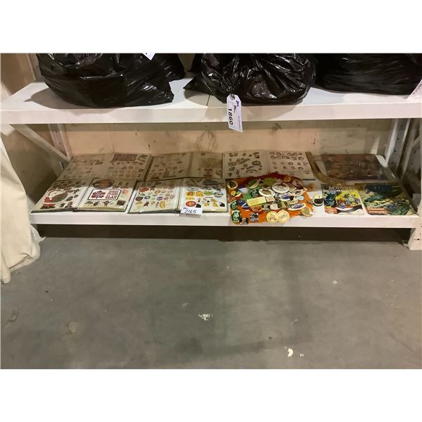 SHELF LOT OF COLLECTOR COMICS, BADGES, STICKERS, AND MORE