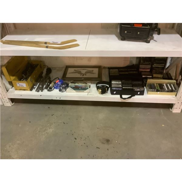 SHELF LOT OF TOOLS, CASSETTES, PICTURES
