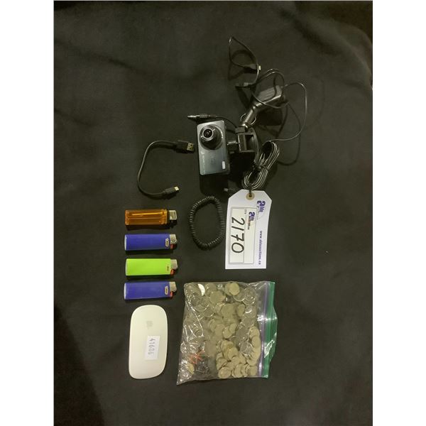 ASSORTED ITEMS INCLUDING; DASHCAM, BIC LIGHTERS, BAG OF ASSORTED CHANGE & APPLE MOUSE