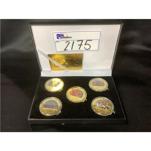 5, MICHAEL JORDAN GOLD PLATED BASKETBALL COLLECTOR COINS WITH CASE