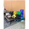 Image 1 : LOT OF ASSORTED ITEMS INCLUDING; MILK CRATES, GARBAGE BINS, 4 WHEEL DOLLY, WOOD & MORE