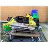 Image 2 : LOT OF ASSORTED ITEMS INCLUDING; MILK CRATES, GARBAGE BINS, 4 WHEEL DOLLY, WOOD & MORE