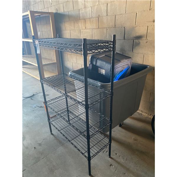 ROLLING BIN WITH TOTE CONTENTS, SMALL BLACK RACK (ROLLING BIN HAS CRACK IN BOTTOM)