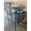 Image 1 : ROLLING BIN WITH TOTE CONTENTS, SMALL BLACK RACK (ROLLING BIN HAS CRACK IN BOTTOM)