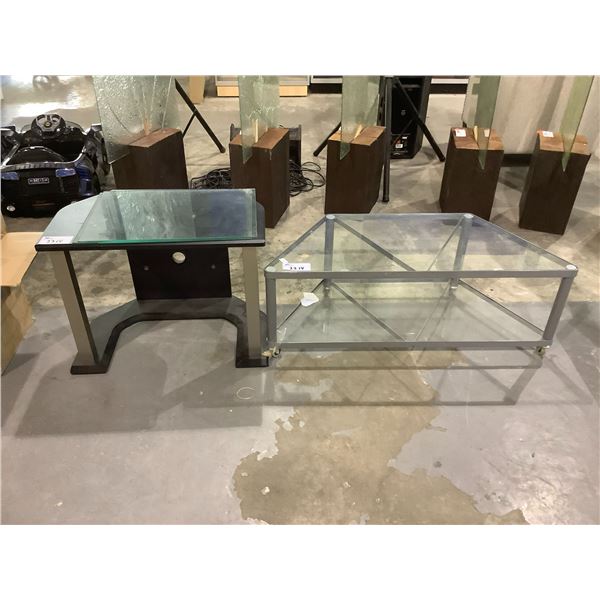 GLASS MOBILE COFFEE TABLE & ENTERTAINMENT STAND WITH GLASS SHELVES (MISSING PEGS FOR SHELVES)