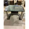 Image 2 : GLASS MOBILE COFFEE TABLE & ENTERTAINMENT STAND WITH GLASS SHELVES (MISSING PEGS FOR SHELVES)