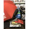 Image 4 : SHELF LOT OF ASSORTED ITEMS INCLUDING; COCA-COLA UMBRELLA, FIRST NATIONS ART, BOOKS, SCARF & MORE