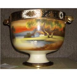 Japanese hand painted handled footed bowl with lustre glaze