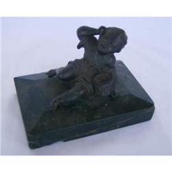 Antique bronze of young boy with drum on marble base