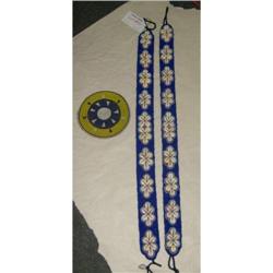 Two African beaded and shell straps and beaded mat