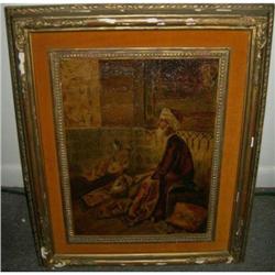 Oil on board Persian rug maker, signed