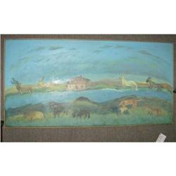 Oil on board painting of animals along shore