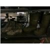 Image 2 : SHELF LOT OF CAMO BOOTS, AND BIN OF CLOTHING, RUBBER STEEL TOE BOOTS