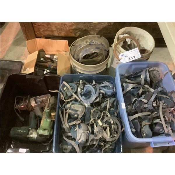 3 TOTES, 1 BOX, 2 PAILS, OF RESPIRATORS, ELECTRIC IMPACT GUNS, MAKITA DRILLS, AND MORE (PARTS OR