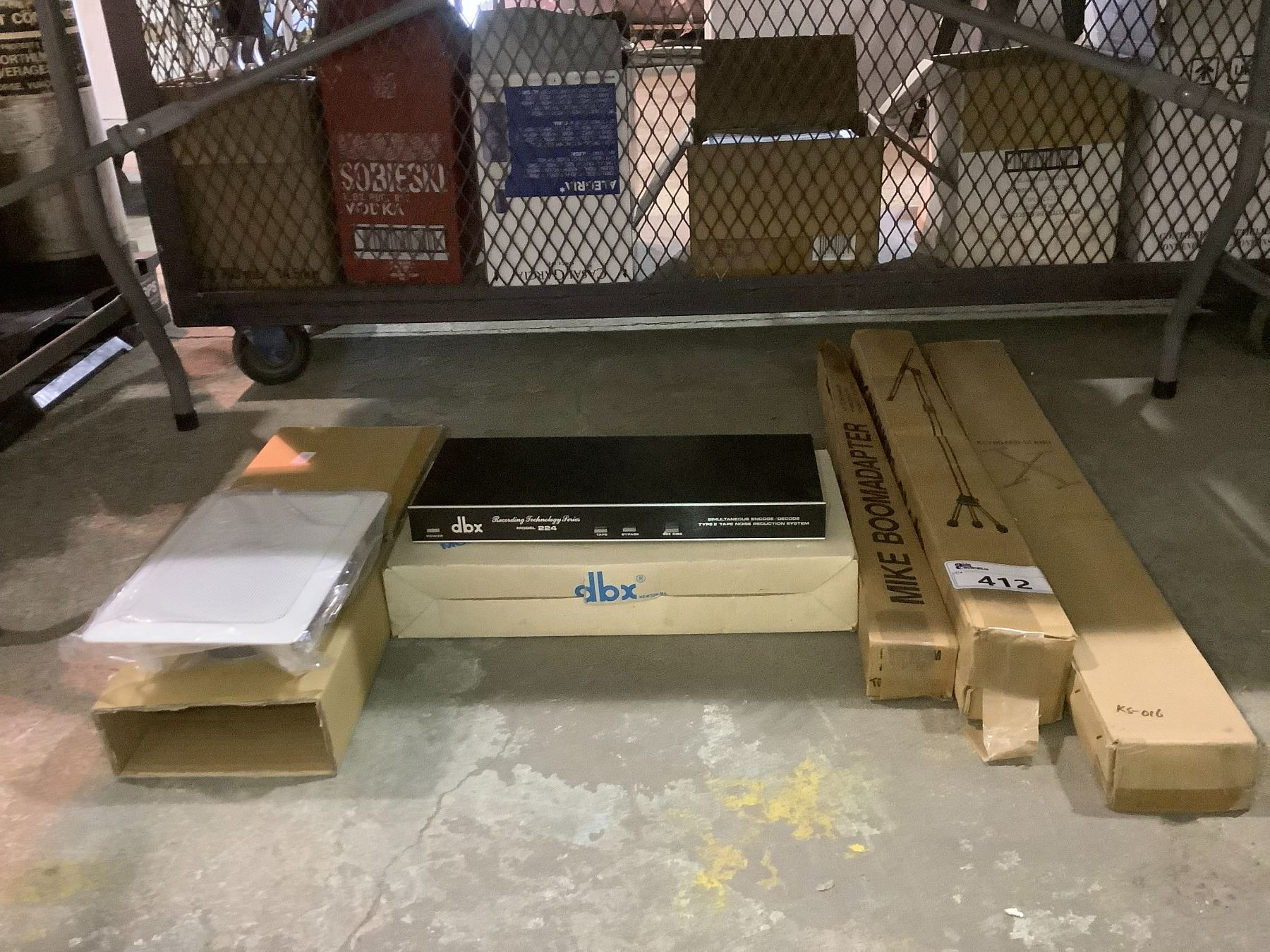 2 MIX MATCH WALL SPEAKERS, ENCODER, DECODER, KEYBOARD STAND, MIC STAND