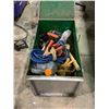 Image 1 : METAL BOX WITH CONTENTS INCLUDING; TOOLS, HAMMERS, MINI AIR COMPRESSOR & MORE