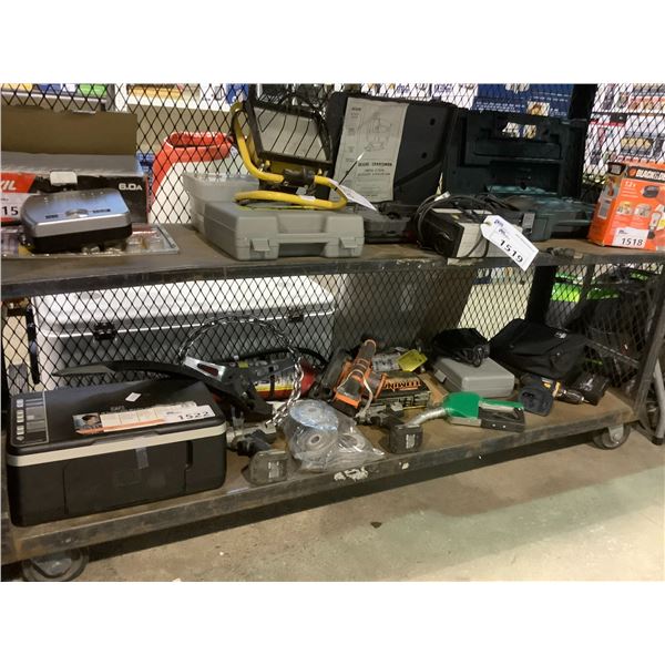 SHELF LOT OF ASSORTED ITEMS INCLUDING; TOOLS, GRINDING DISCS, PRINTER & MORE