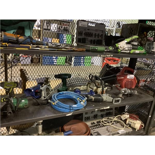 SHELF LOT OF ASSORTED ITEMS INCLUDING; HOMELITE LEAF BLOWER, STIHL CHAINSAW, AIR LINES & MORE