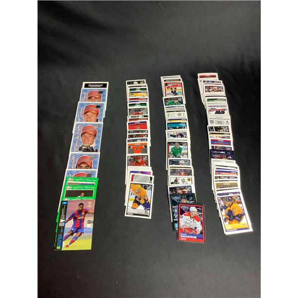 ASSORTED RACING CARDS, TENNIS CARDS, & HOCKEY STICKERS