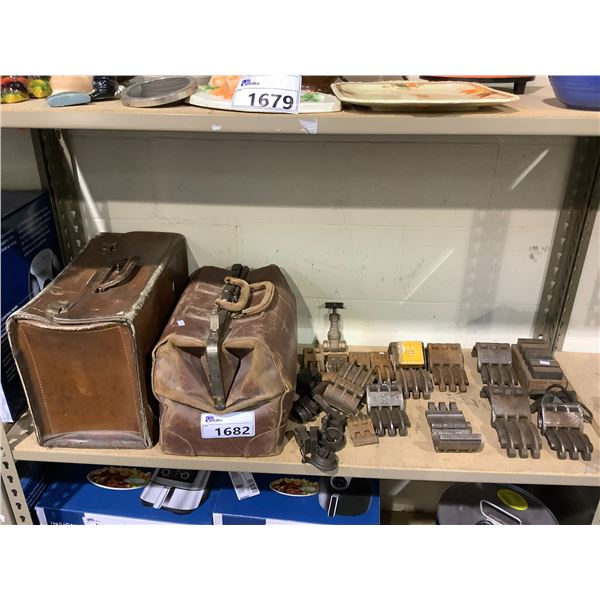 2 VINTAGE BRIEFCASES AND ASSORTED MADE IN USA METAL PIECES