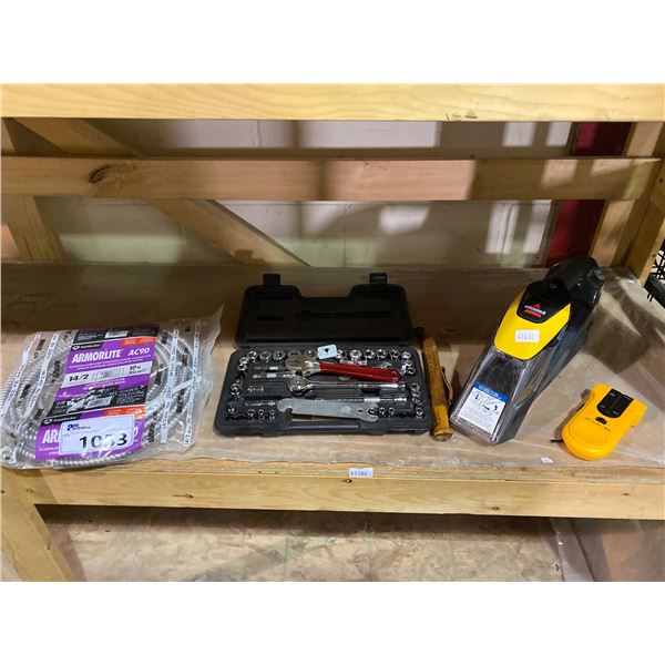 SHELF OF ASSORTED TOOLS, SOCKET SET, STUD FINDER, 32FT. ARMOURED WIRING