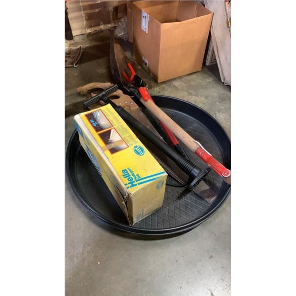 LOT OF 26"WATER HEATER PAN, HALOGEN LIGHTS WITH SHOVEL BIKE PUMP AD SAWS