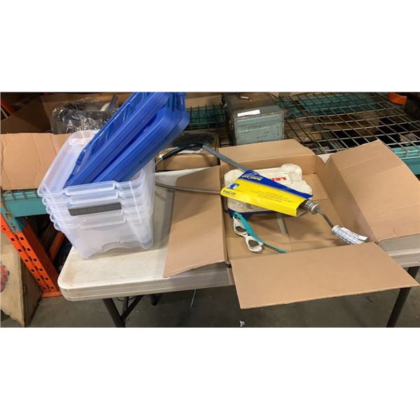 STORAGE BINS WITH LIDS, LENNOX HOLE SAW KIT AND DRAIN CLEANER TOOL