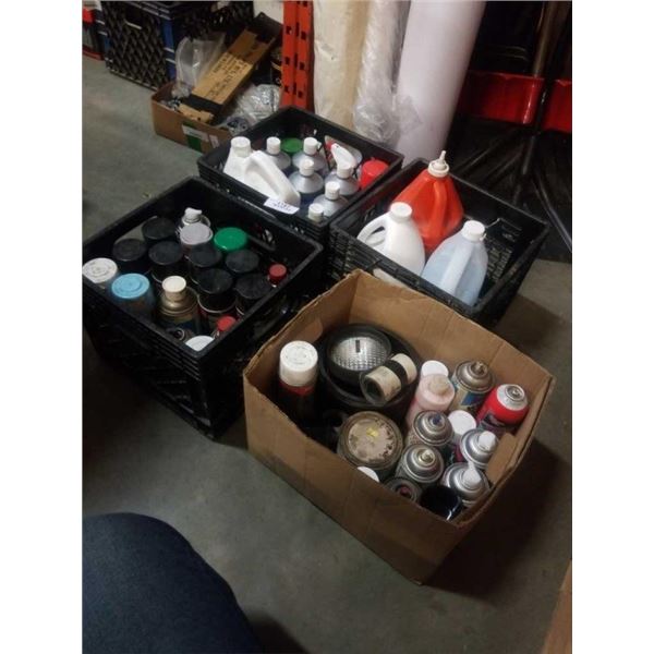 3 CRATES AND BOX OF SHOP FLUIDS, VM COMPOUND, COIL AND FIN CLEANER, PAINT, INDUSTRIAL LUBRICANT