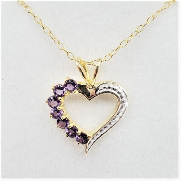 STERLING SILVER YELLOW GOLD PLATED GENUINE AMETHYST HEART PENDANT WITH STERLING CHAIN, 7 AMETHYST (0