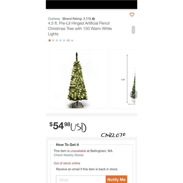 Costway 4.5 ft. Pre-Lit Hinged Artificial Pencil Christmas Tree with 150 Warm White Lights Retail $5