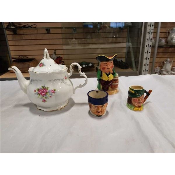 BURLINGTONWARE AND LANCASTER SANDLAND TOBY MUGS, FACE MUG AND REPAIRED ROYAL ALBERT TEAPOT