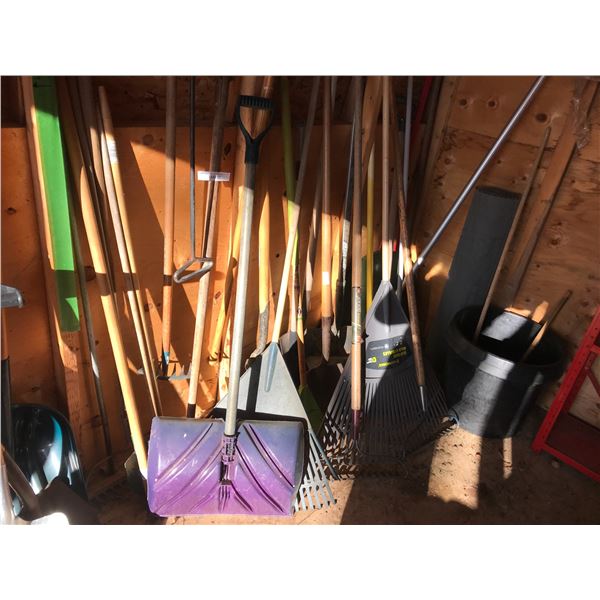 Large Selection of Tools including, Rakes, Shovels, Buckets & Chicken Wire